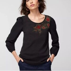 Chico’s Embellished Flower Puff Sleeve Top Beaded Floral Princess Sleeve Size 1